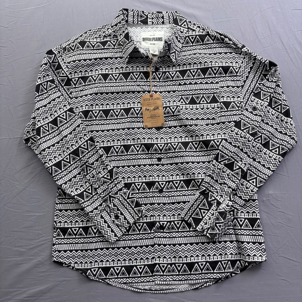 Nwt Ditch Plains Men Geometric Tribal Print Button Down Shirt Black White Size M
